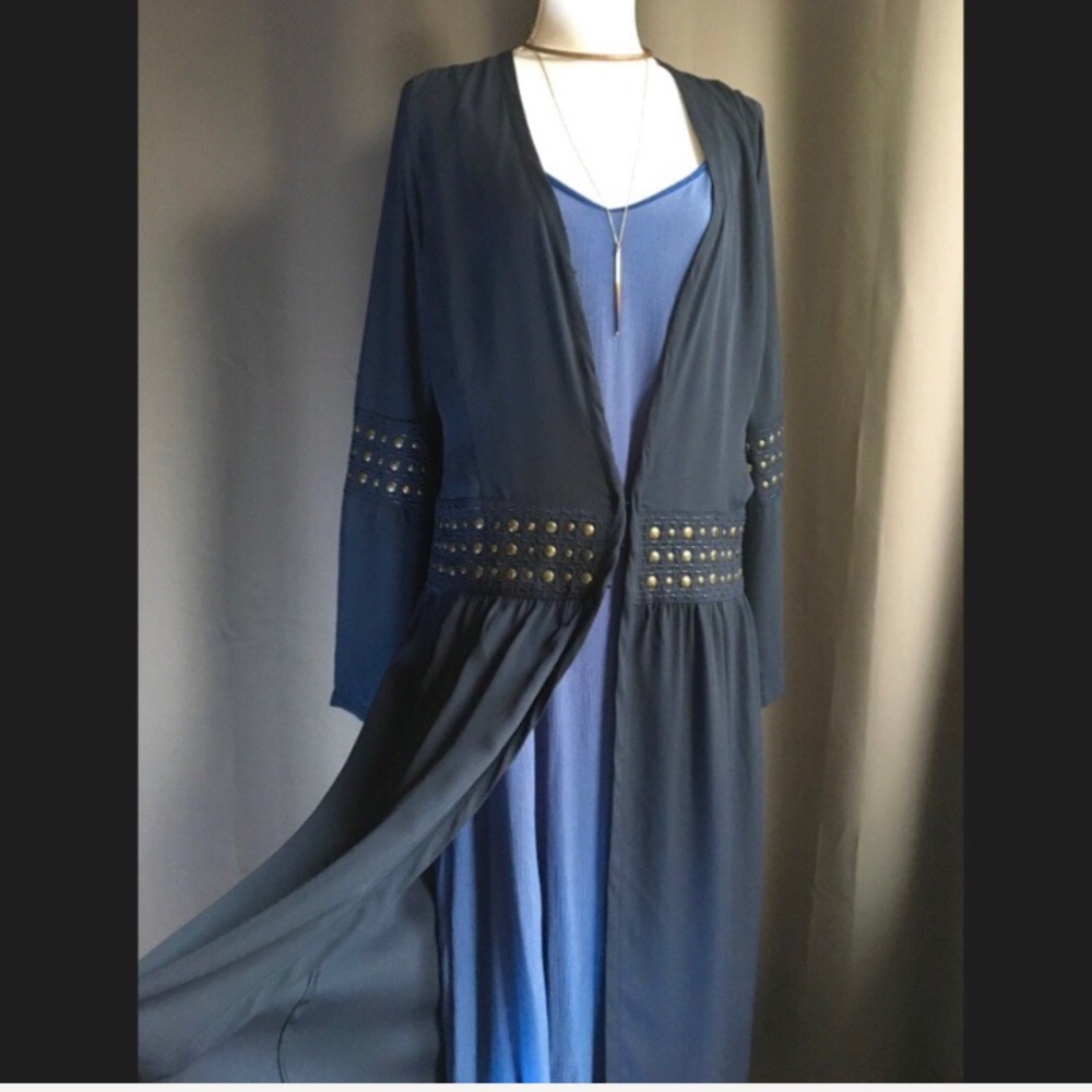 NWT Navy & Brass Beaded Kimono Maxi Top by Tildon